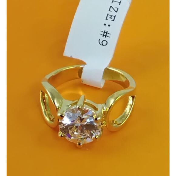 1990s Gold Plated 3.25 CT Size 9 Solitaire Engagement Cocktail Sim Diamond Ring - Picture 8 of 10